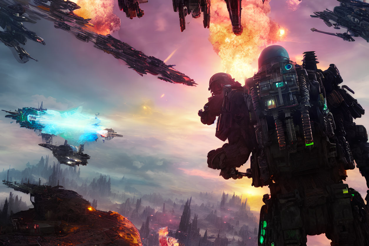 Sci-fi battle scene featuring mechs, spaceships, and fiery sky