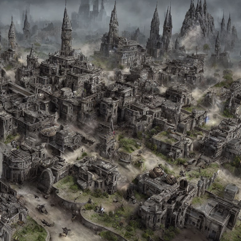 Detailed Fantasy Cityscape with Gothic Architecture in Desolate Setting