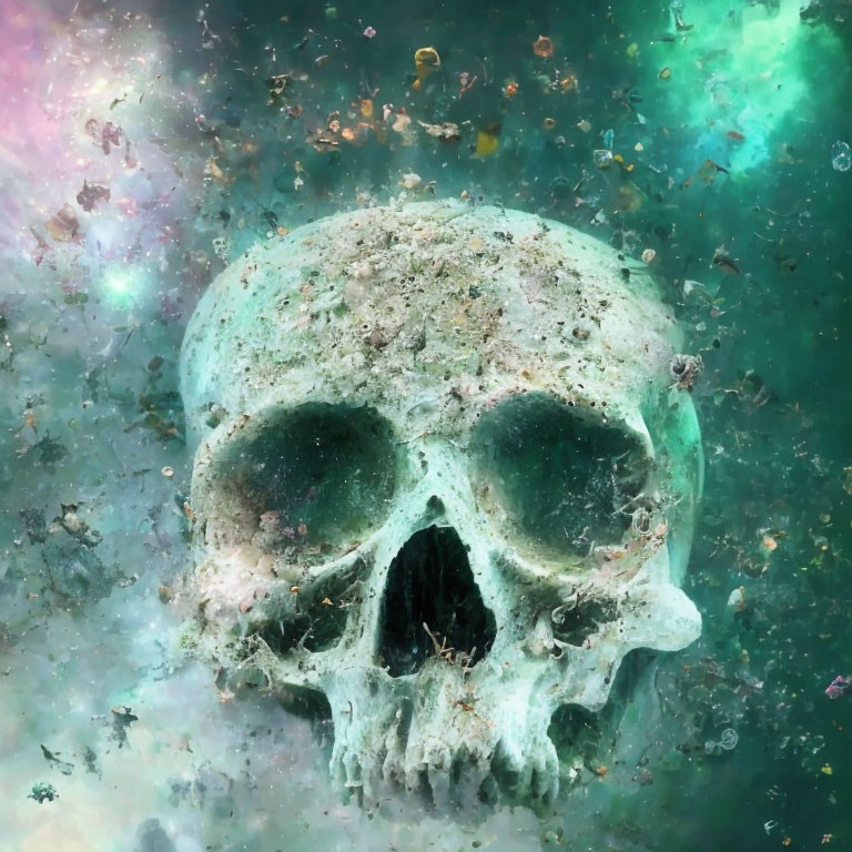 Weathered skull in water with floating debris, green and turquoise hues.