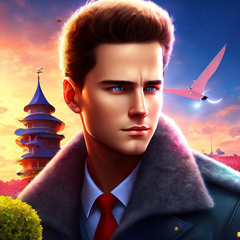 Young man in suit with fur collar against fantasy sunset backdrop.