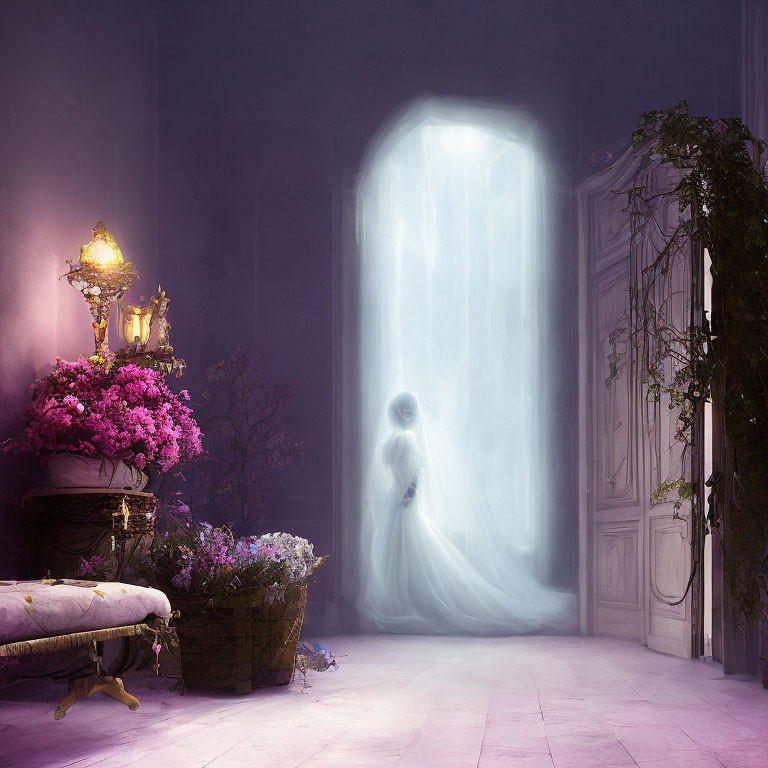 Ghostly Figure in White Near Open Door in Elegant Purple Room