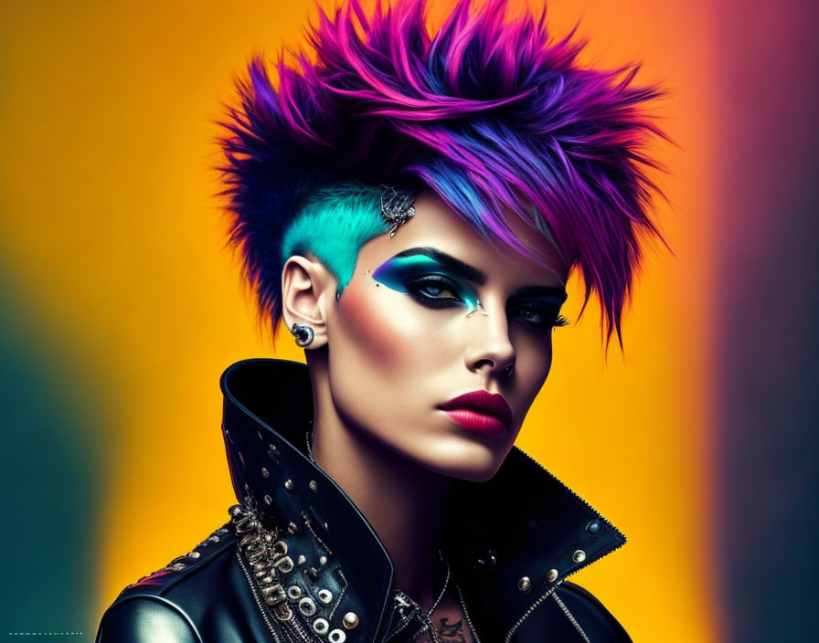 Vibrant spiked mohawk in purple and blue with punk makeup and studded leather jacket pose