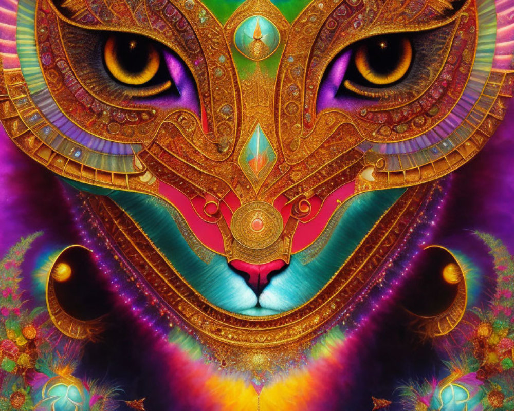 Colorful Digital Artwork of Stylized Cat Face with Fractal Patterns and Feathers