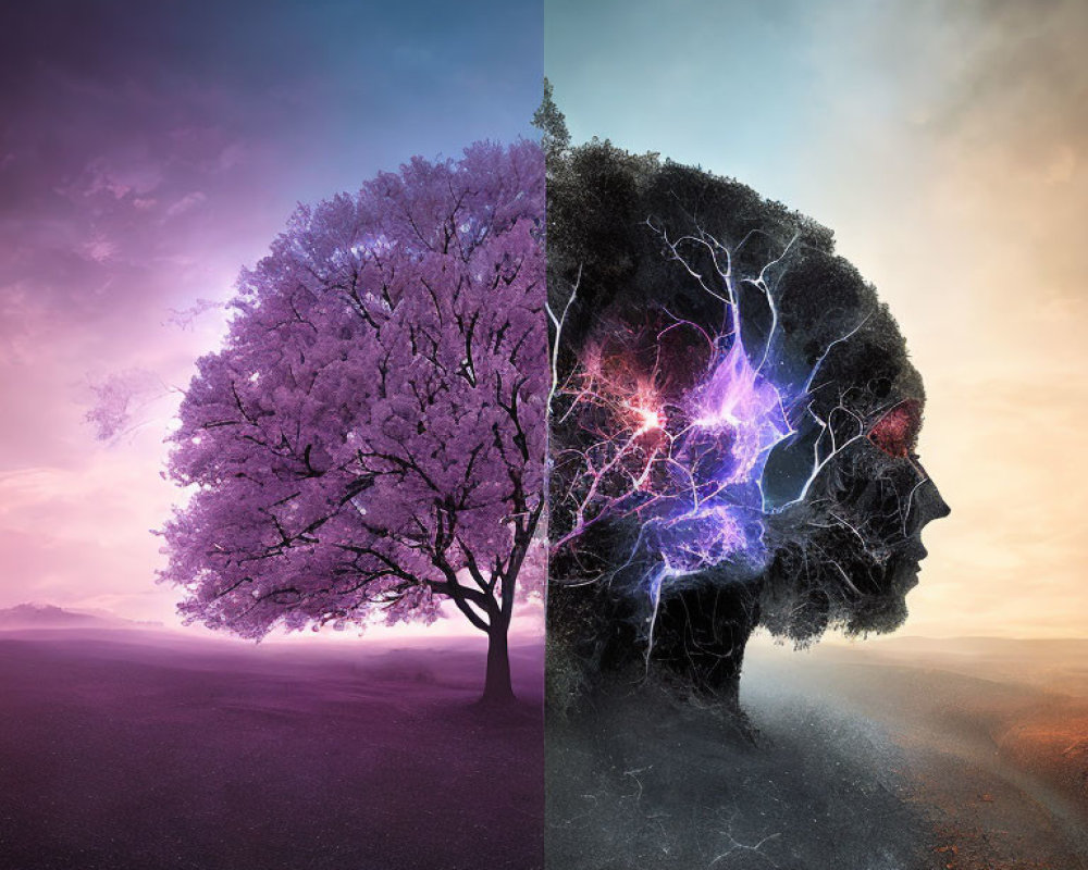 Composite Image: Pink Tree and Lightning Brain Symbol
