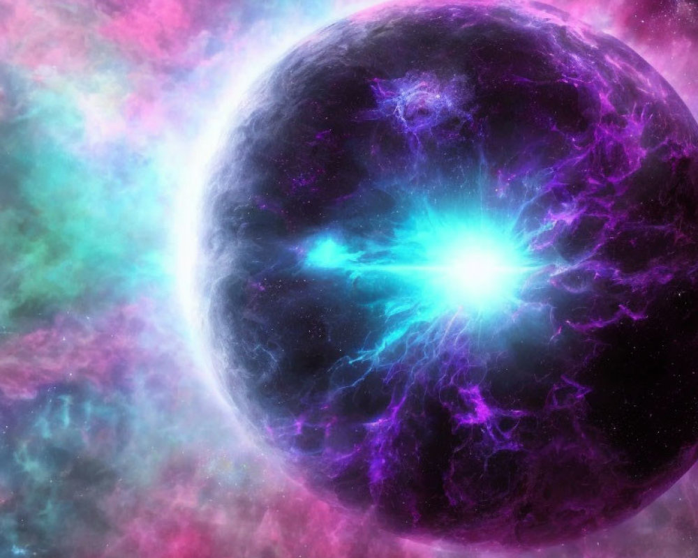 Vibrant digital art: Glowing purple planet in celestial scene