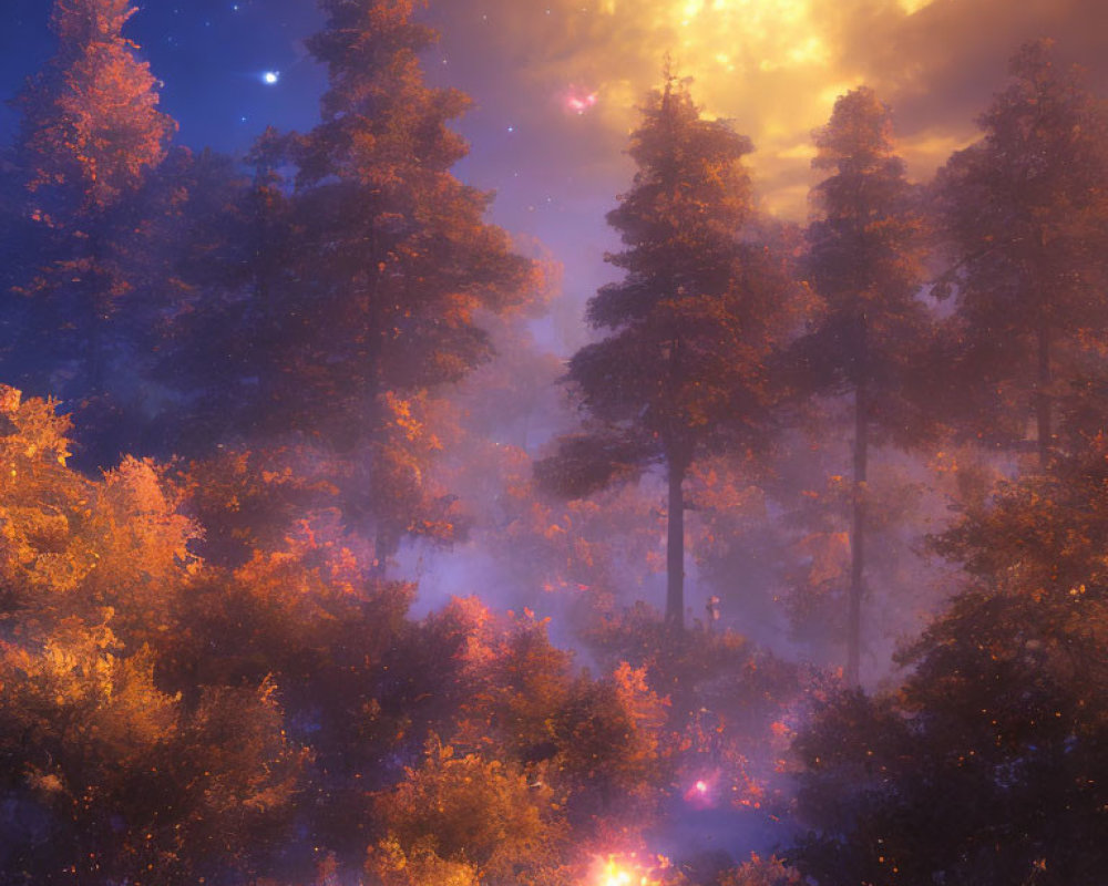 Enchanting forest scene with golden light and foggy ambiance