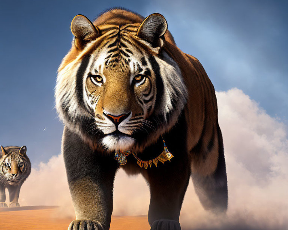 Realistic digital artwork of imposing tigers with human-like expressions in dusty setting