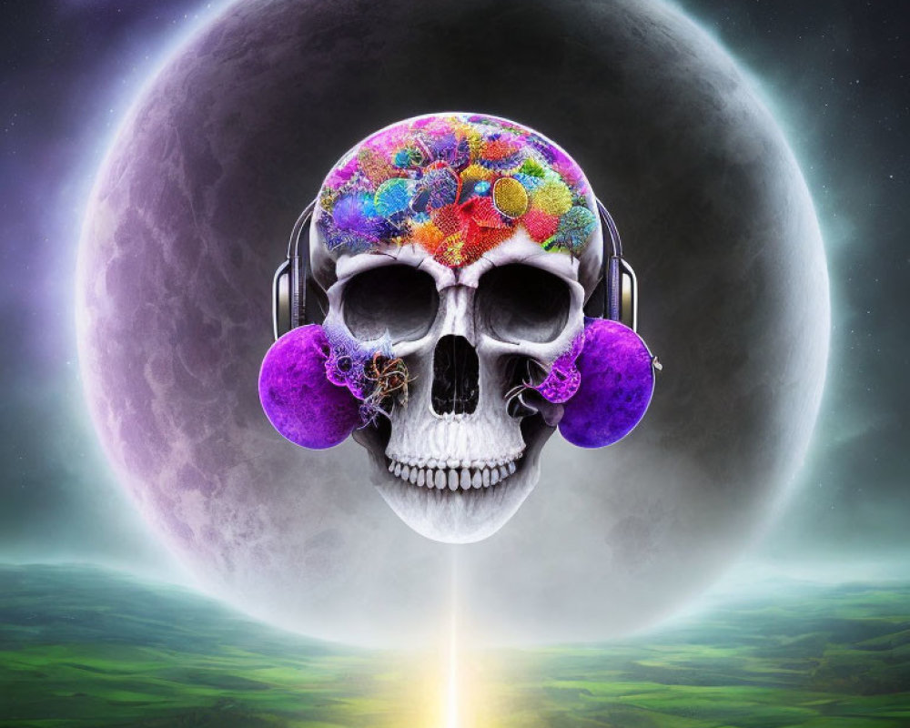 Colorful Skull with Floral Pattern and Headphones in Cosmic Setting
