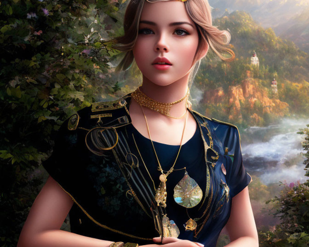 Digital portrait of young woman in fantasy attire with blonde hair against ethereal landscape