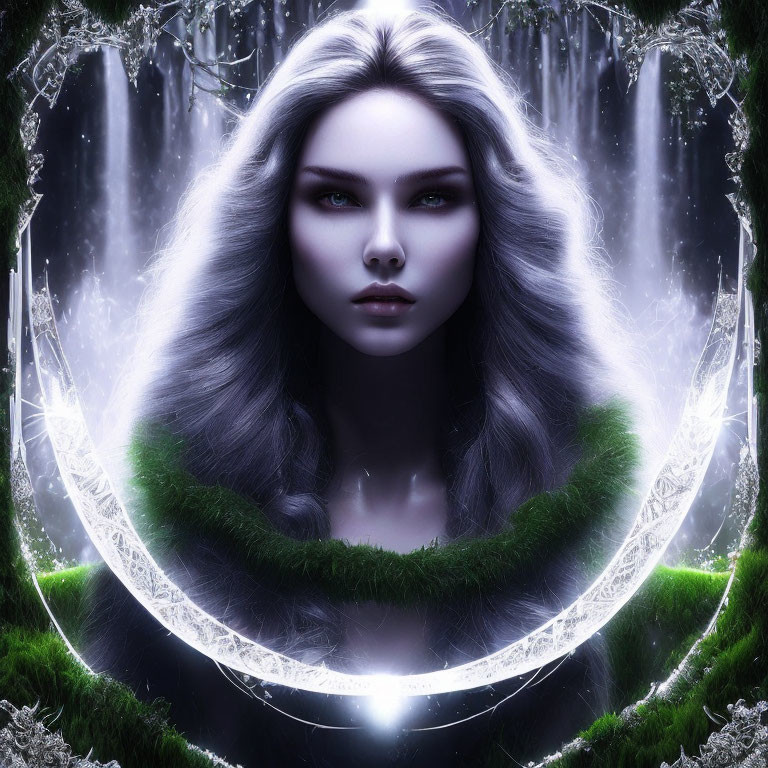 Silver-haired female with piercing gaze in mystical setting.