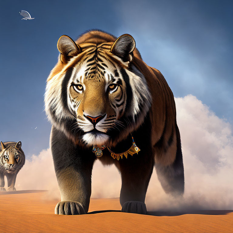Realistic digital artwork of imposing tigers with human-like expressions in dusty setting