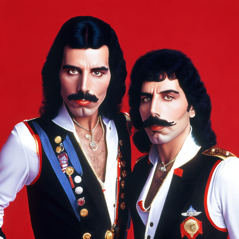 Two men in military jackets with mustaches on red background