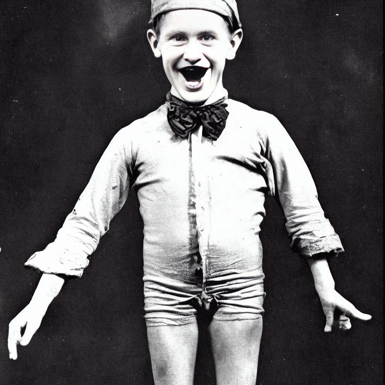 Vintage Black-and-White Photo: Young Boy in Costume Smiling and Dancing