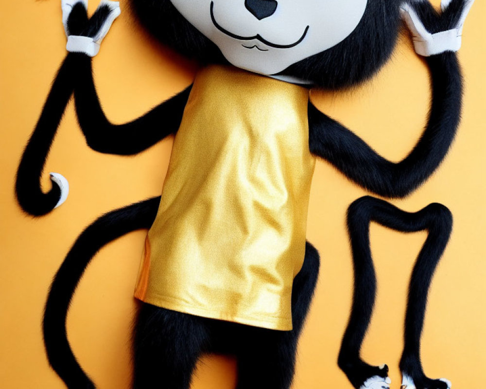 Long-limbed plush monkey toy in shiny gold shirt on bright orange background