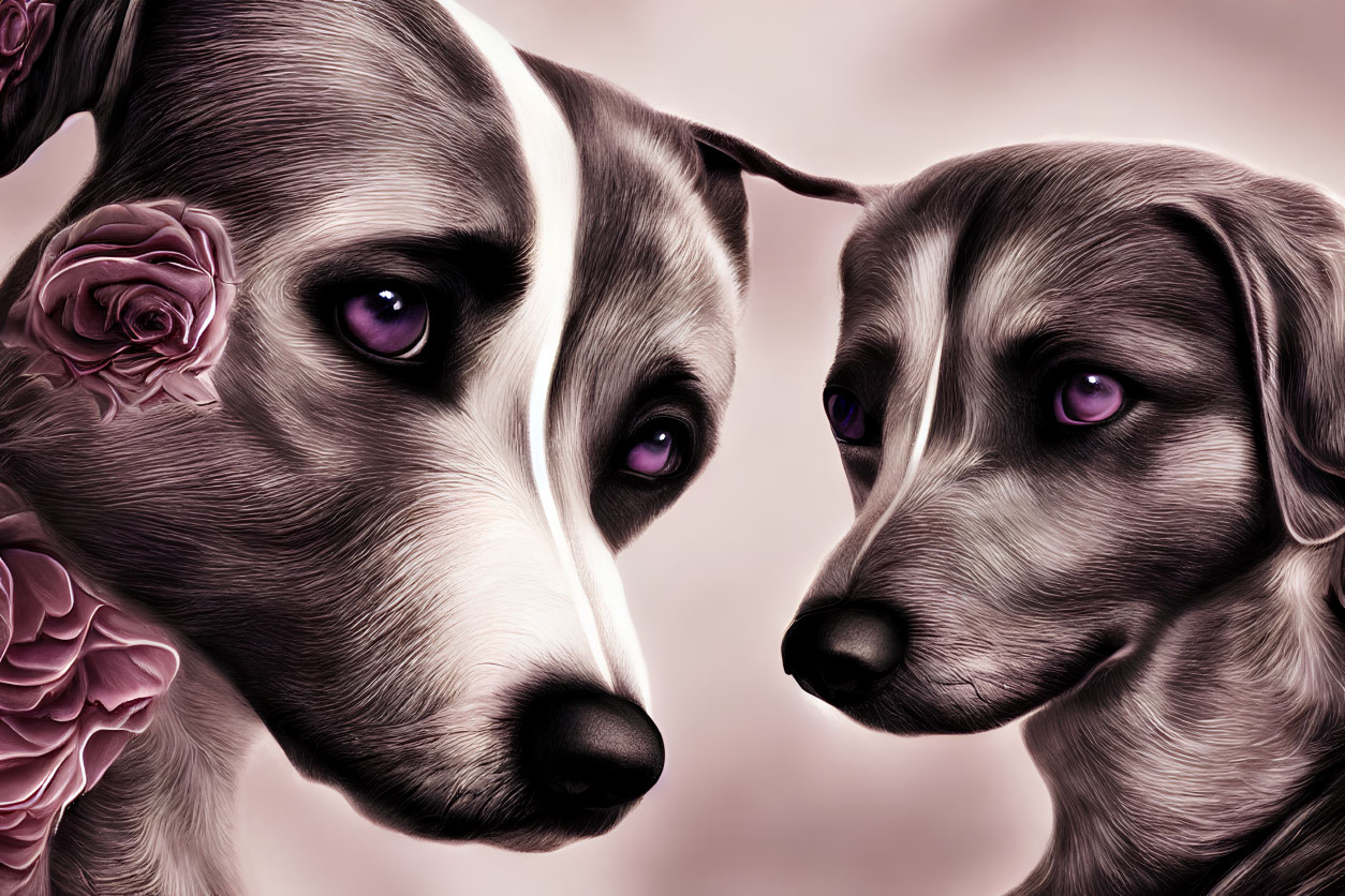 Stylized dogs with purple eyes and pink tone, one with rose adornment