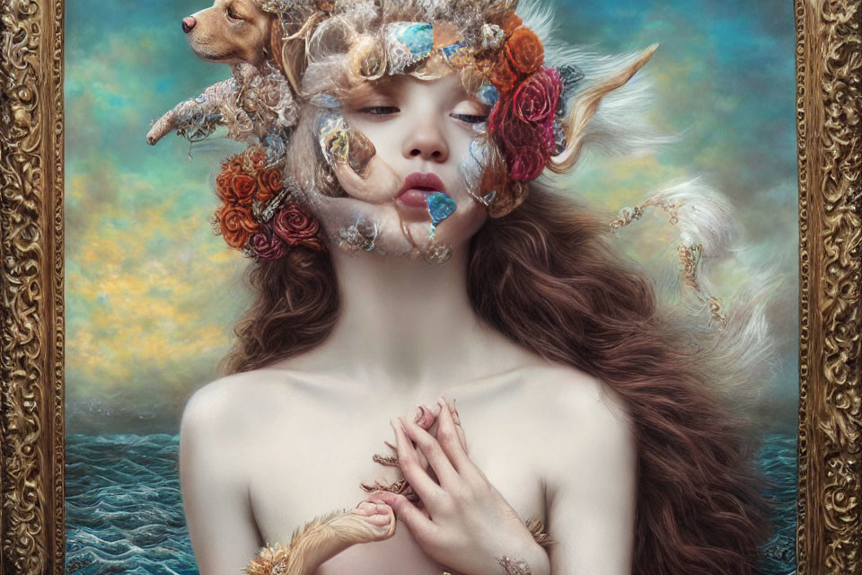 Surreal portrait of woman with seashells, flowers, and dog in ornate frame
