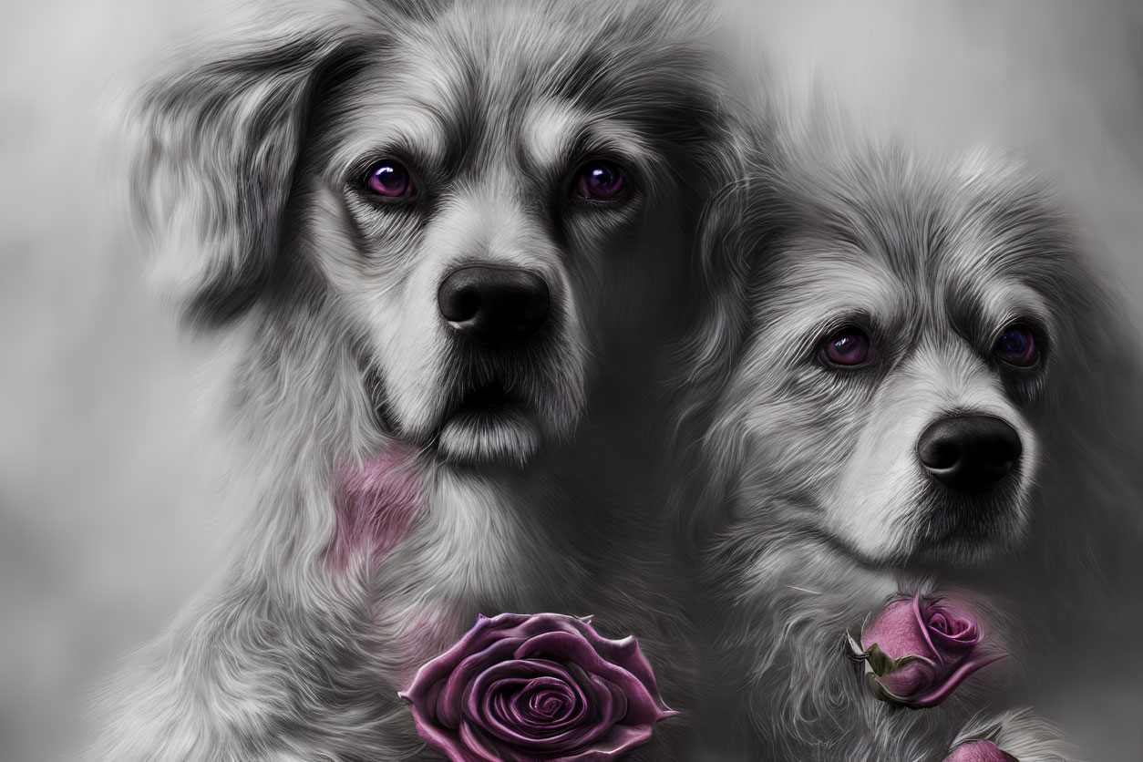Two grey fluffy dogs with purple eyes and roses on a muted backdrop