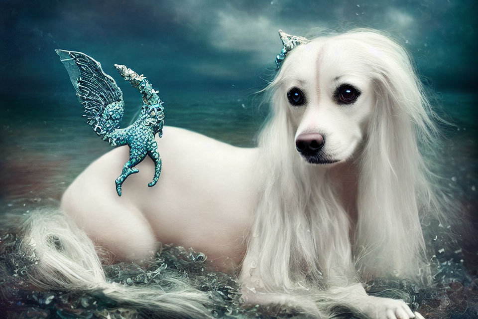 White Dog with Human-like Eyes and Winged Creature in Surreal Setting