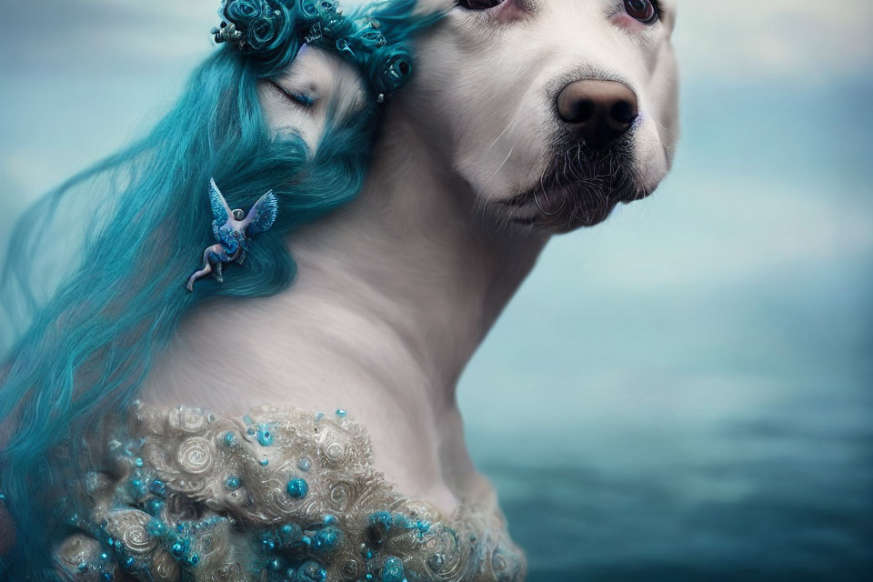 Surreal portrait of a dog with human-like features and blue hair