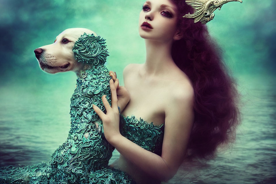 Red-haired woman in green dress embracing white dog with crown