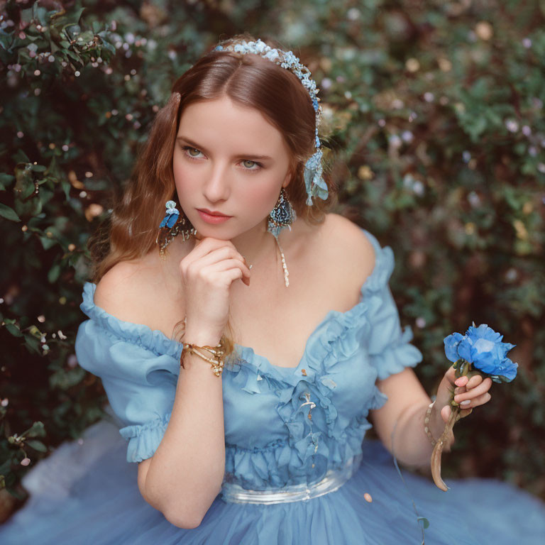Young woman in blue off-shoulder dress and floral headdress poses with blue flower against green shr