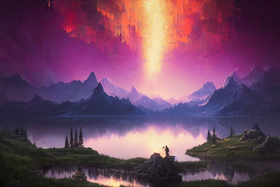 Person admires vertical light beam in purple mountain landscape.
