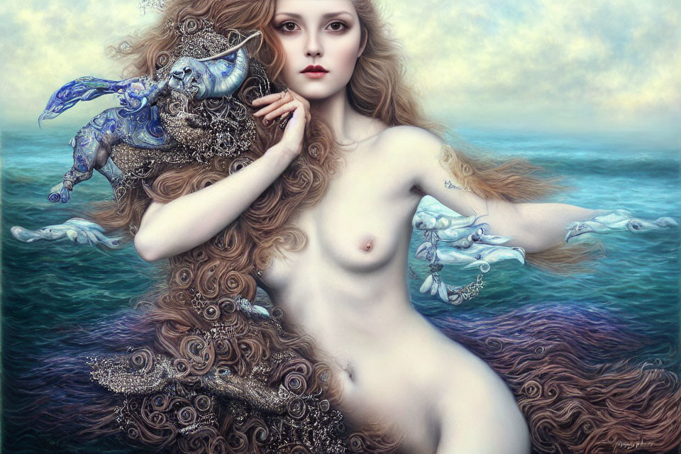Fantastical painting of nude female with elephant mask and blue butterflies