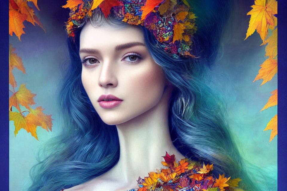 Colorful autumn leaves adorn woman's vibrant blue hair on gradient blue and purple background