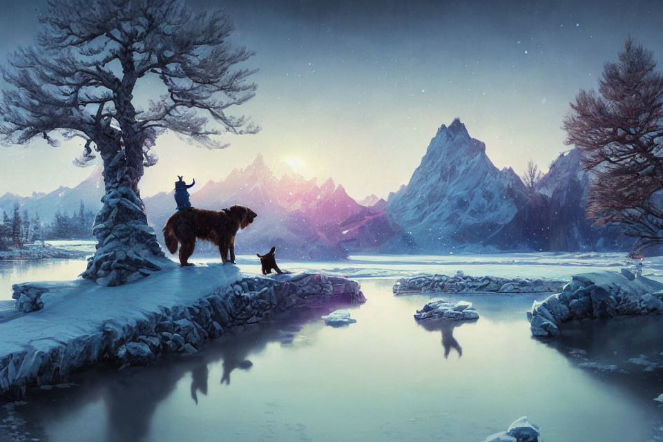 Winter landscape with lone tree, wolf, mountains, frozen lake, and starry sky