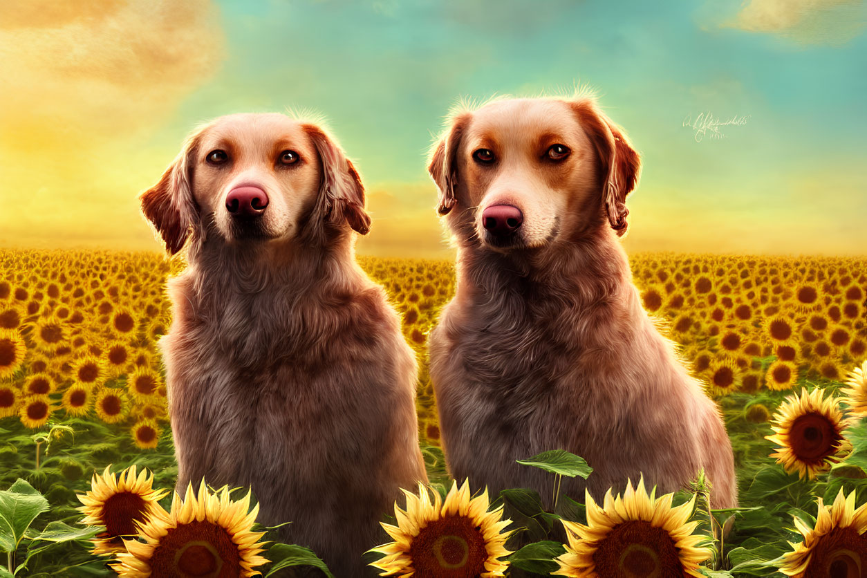Golden Retrievers Sitting in Sunflower Field at Sunset