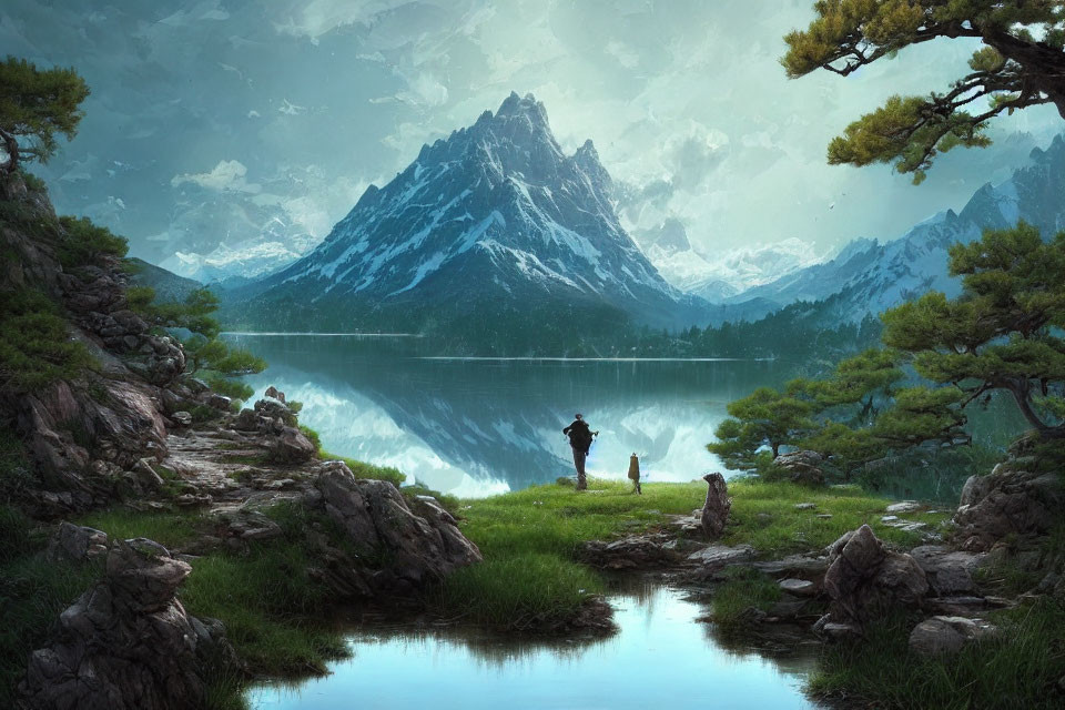 Tranquil mountain landscape with lake, figures, and greenery