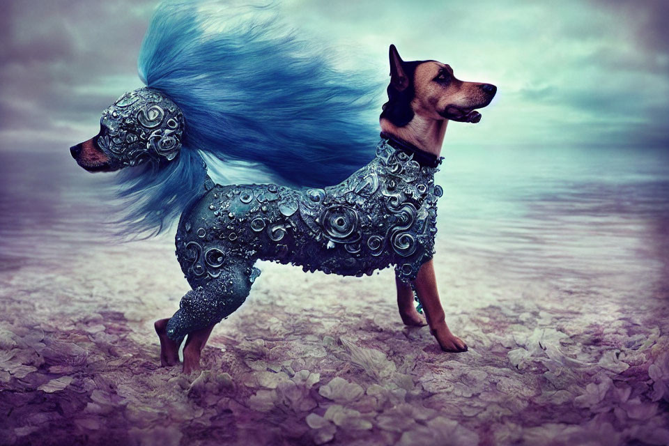 Ornate armored dog with blue mane on petal surface under moody sky