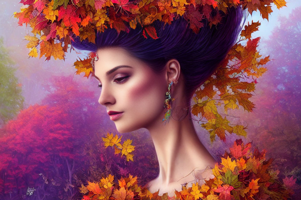 Digital artwork: Woman with purple updo & autumn leaves against vibrant background