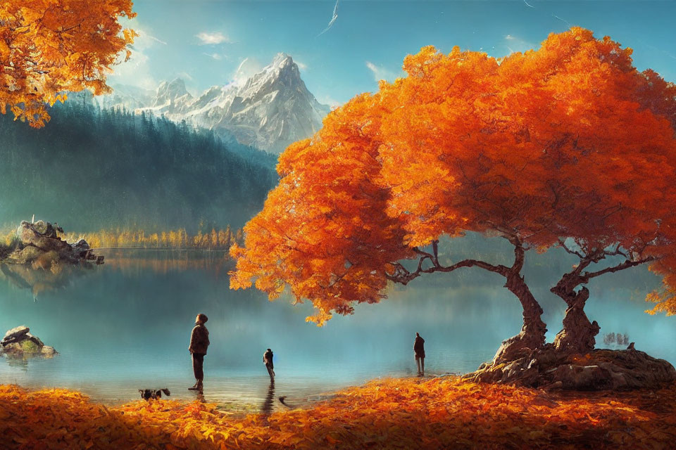 Tranquil autumn landscape with orange tree, lake, mountains, and figures