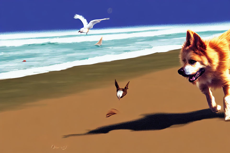Fluffy Tan Dog Running on Sandy Beach with Seagulls in Clear Blue Sky
