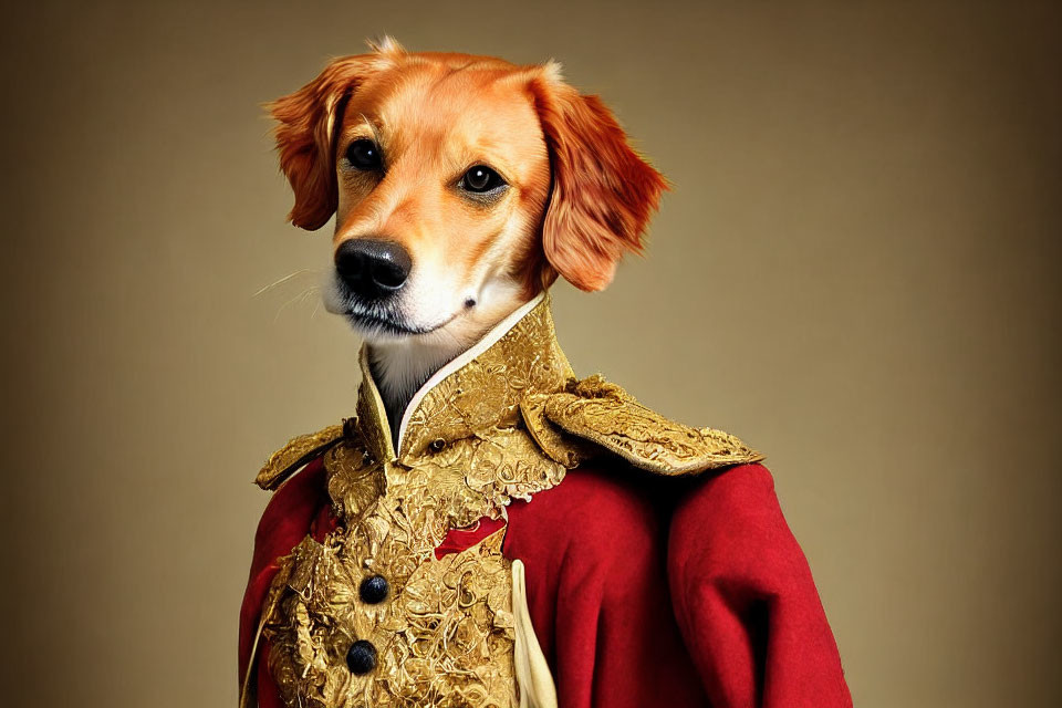 Dog's head on historical military uniform body in red and gold uniform on beige background