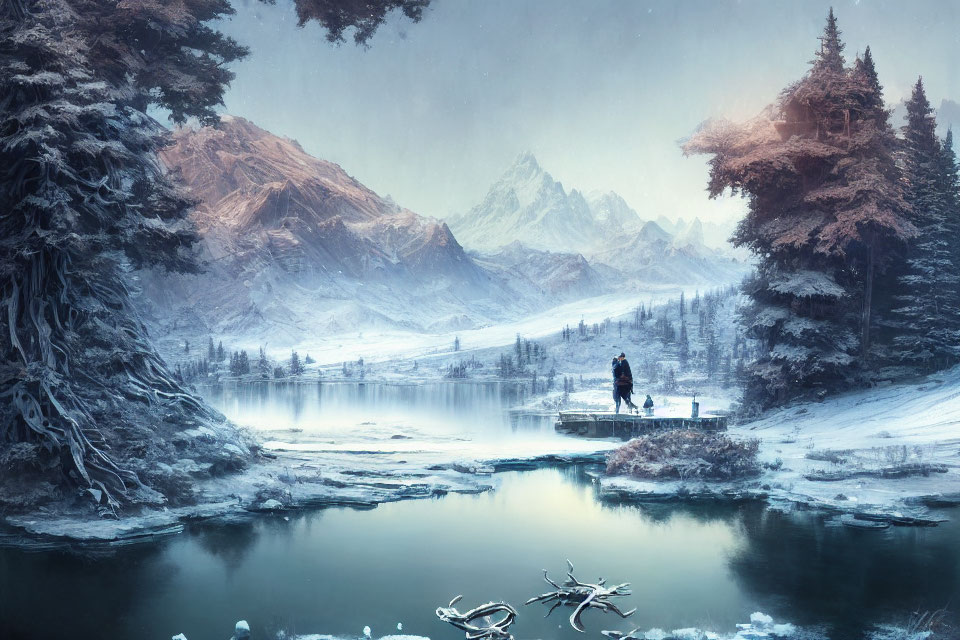 Snow-covered trees, mountains, person on dock: Serene winter landscape