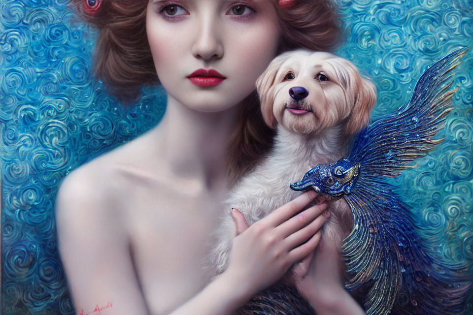 Porcelain-skinned woman with red curls holding a cream dog and blue peacock feather