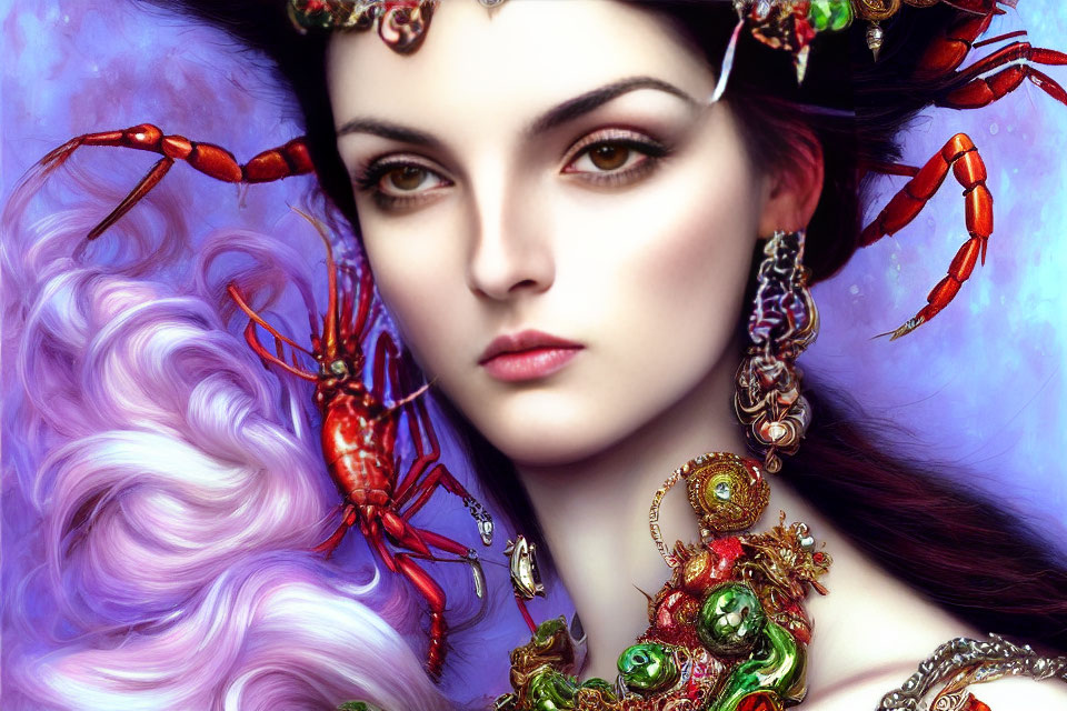 Woman with intricate jewelry and red crabs in white and purple hair on blue background