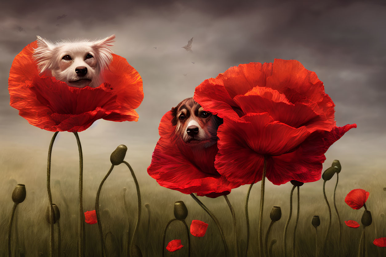Whimsical double exposure of two dogs' heads on red poppies field
