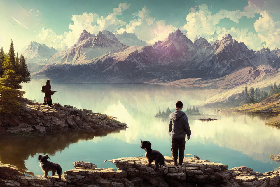 Person and dogs on rocky terrain by calm lake with mountains.