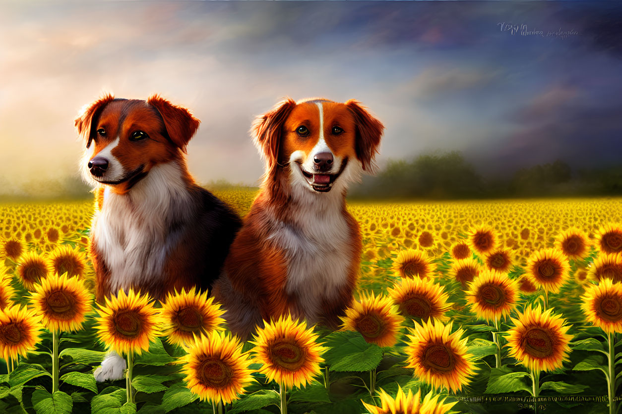 Two dogs in sunflower field under dramatic sky