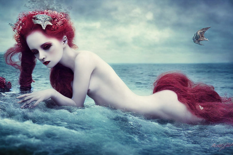 Surreal image of woman with red hair and horns on ocean waves