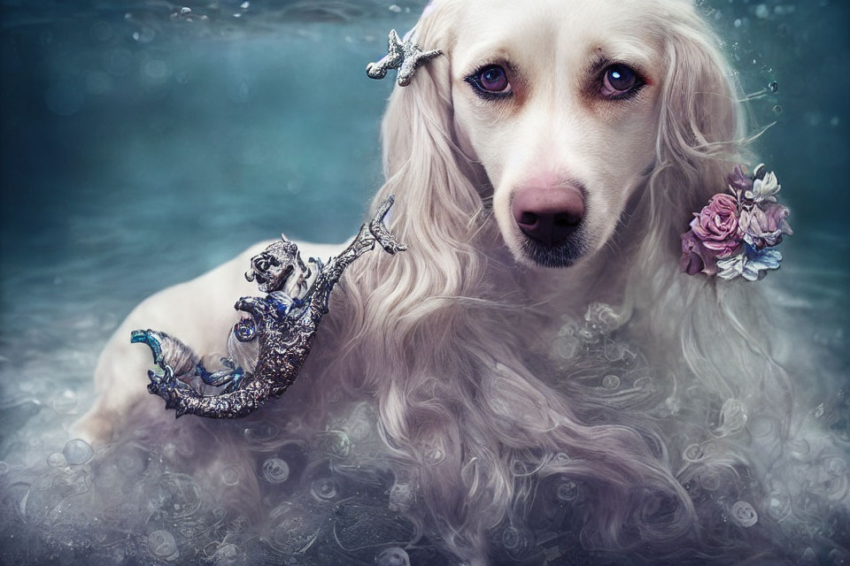 Dog with mermaid tail, starfish, and floral details in underwater scene