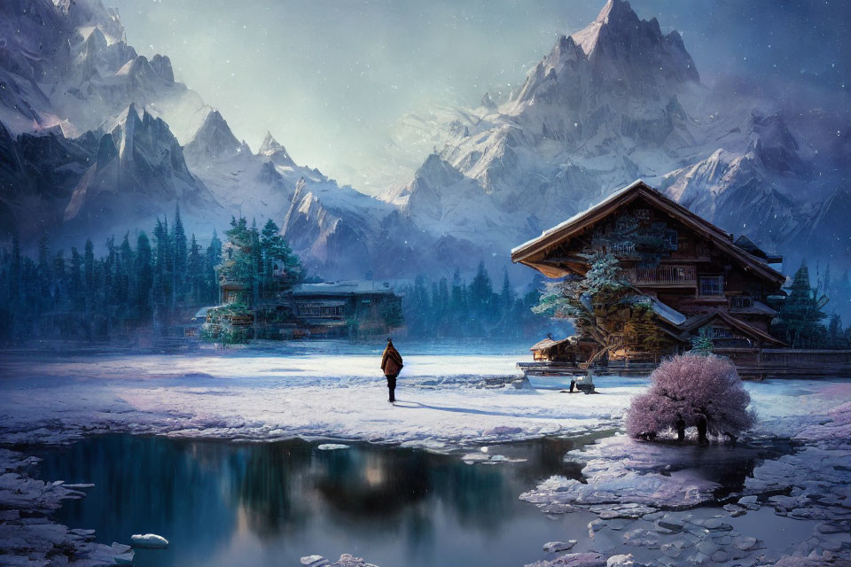 Snow-covered chalets by tranquil pond and mountains at twilight