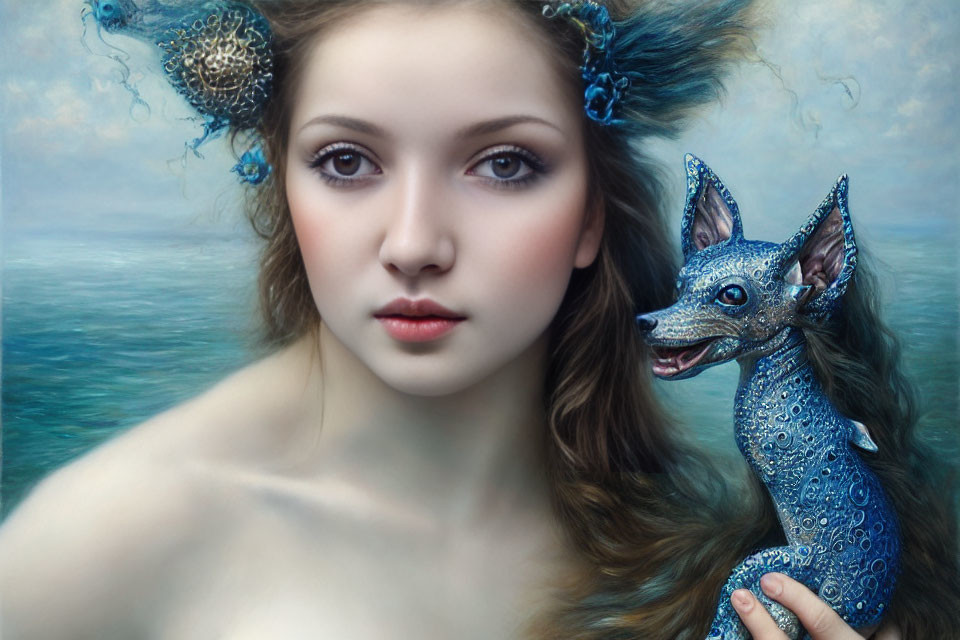 Ethereal woman with blue fawn creature in intricate patterns