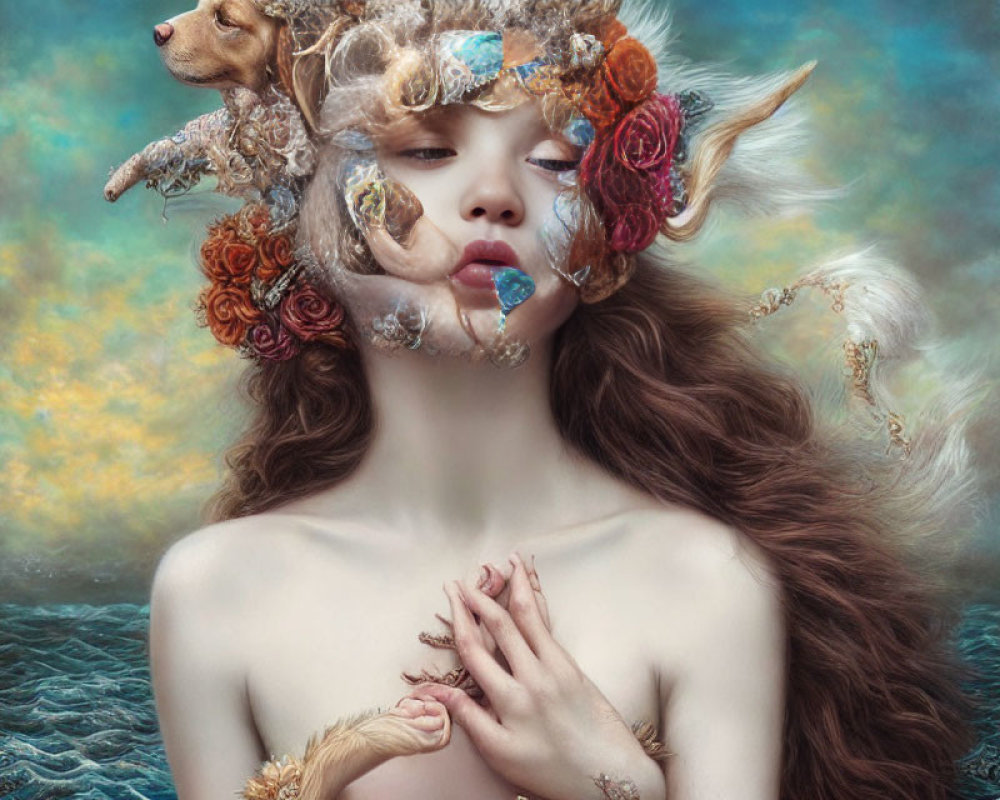 Surreal portrait of woman with seashells, flowers, and dog in ornate frame