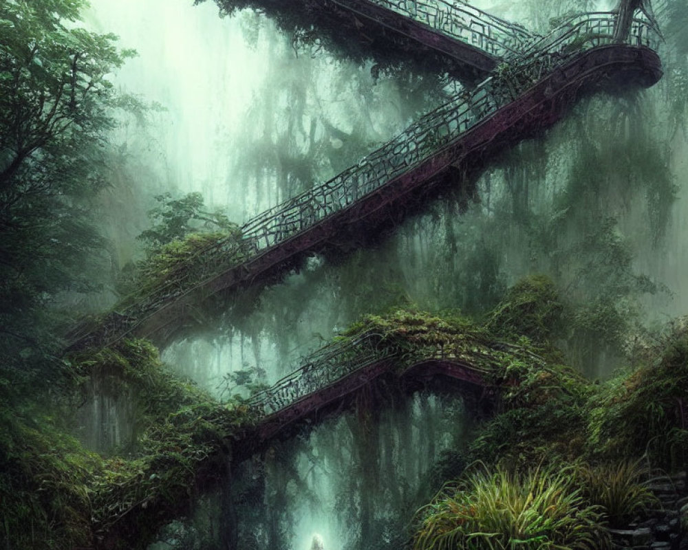 Misty forest with ancient, overgrown bridges in dense canopy