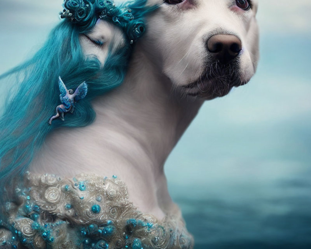 Surreal portrait of a dog with human-like features and blue hair