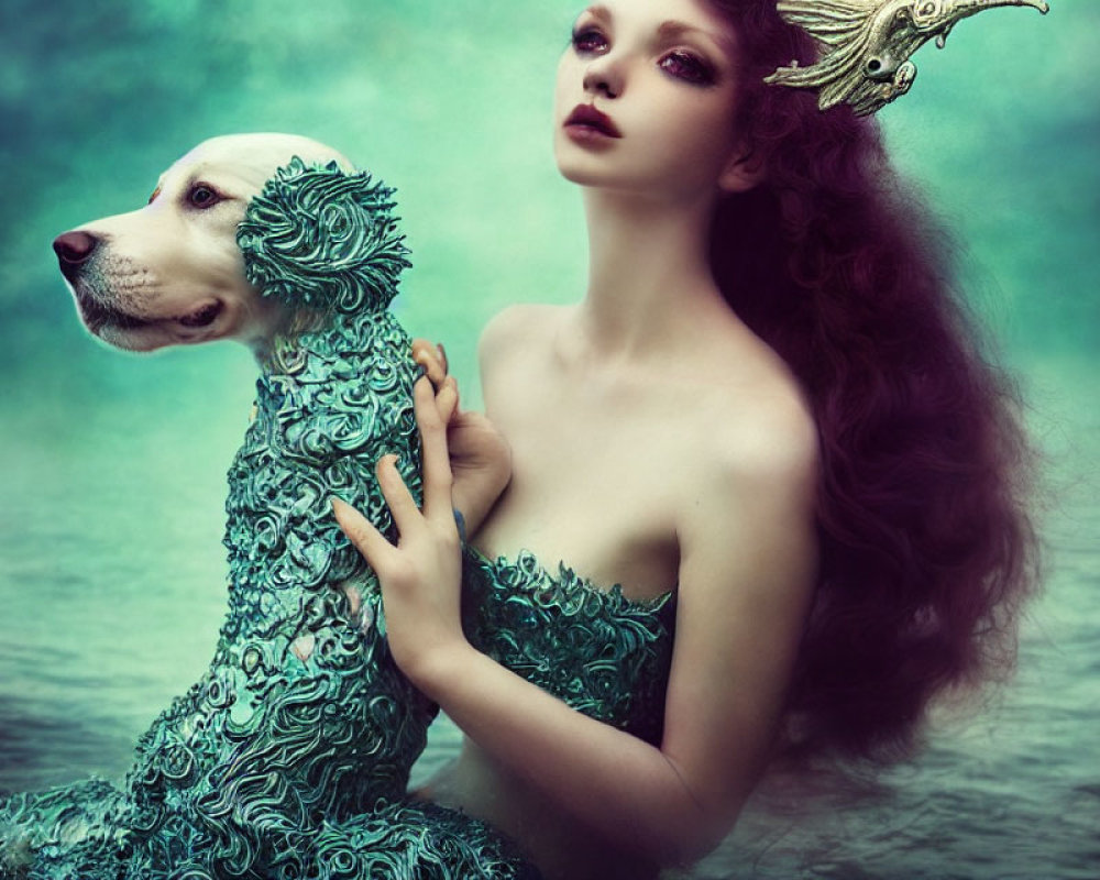 Red-haired woman in green dress embracing white dog with crown